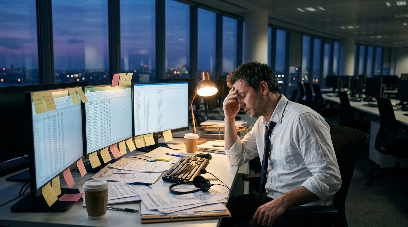 A sales rep alone in the evening, surrounded by lists and notes
